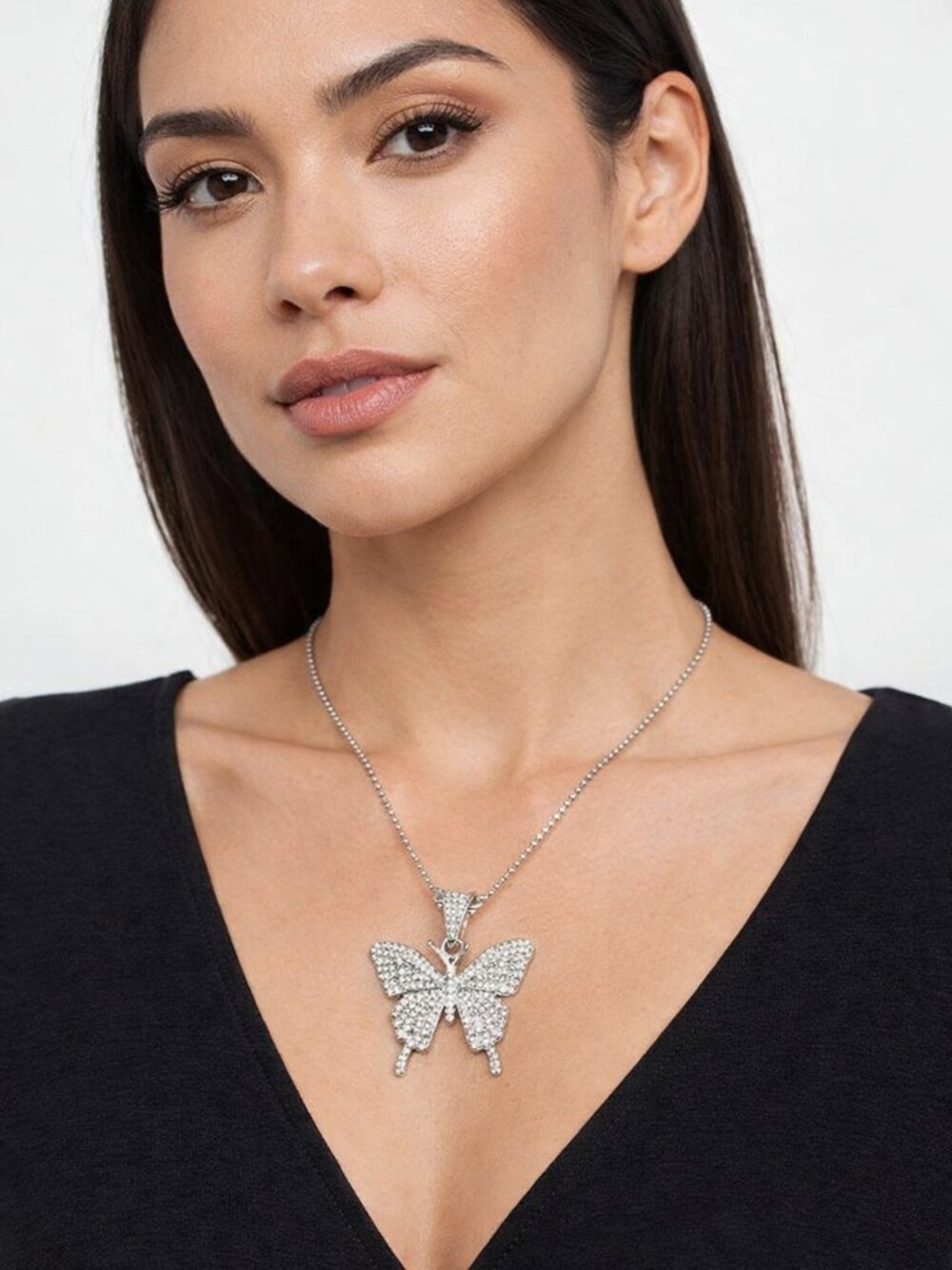 Butterfly Pendant Necklace Faux Diamonds Silver Tone 21 Inch Adjustable New